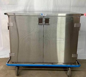 lot 29 image: WOW MSRP $4000 Pedigo Stainless Steel Double Door Storage Surgical Case Cart With 1 Roll Out Wire Shelf- In Excellent Condition