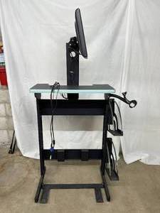 lot 75 image: Elo FujiFilm TouchSystems Touch Screen Monitor TV (Works) with Afc Industries Stationary Workspace Stand (Needs Cleanup)