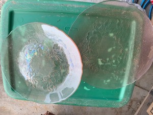 Pink glassware, metal platter and more