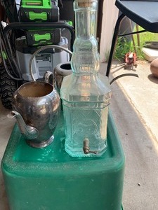 Coffee grinder, decanter, box full of brass items