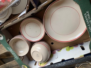 Plates, bowls, cast iron griddle, misc