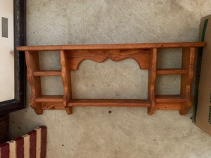 Wood shelves, plastic flag sign
