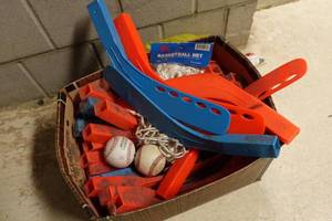 Assorted Sporting Goods -Floor Hockey Stick Blades, Baseballs, Basketball Net