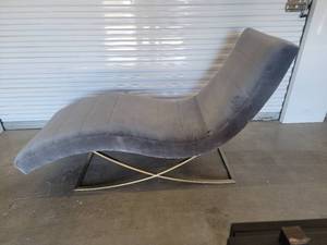 lot 1 image: Restoration Hardware Rene Grey Upholstered and Chrome Chaise Lounge