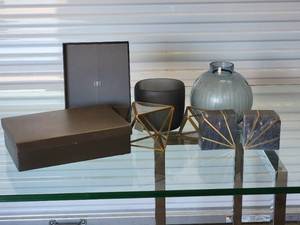 lot 30 image: RH Dcor Collection  Mini Pouf  Boxes  Bookends Vase