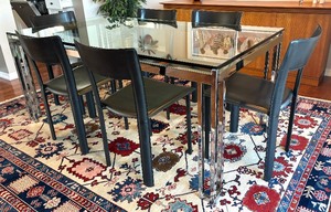 lot 2 image: Gorgeous Modern Glass Top Chrome Dining Table with Six Black Leather Chairs