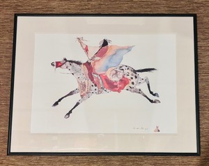lot 48 image: Mountain Indian in Full War Dress Framed Print by Carol Grigg
