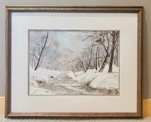 lot 52 image: Framed Watercolor, Lovely Winter Scene - Streams and Woods by Vi Webb