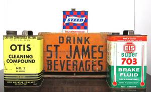 lot 13 image: Vintage St. James Beverages Orange Wooden Advertising Crate wOil Cans