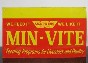 lot 42 image: Vintage Metal Watkins MIN-VITE Metal Advertising Farm Sign