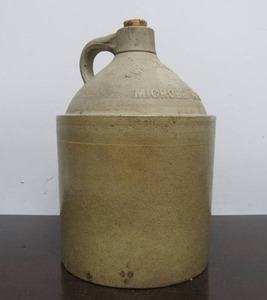 lot 49 image: Antique Stoneware Advertising Jug wRaised Letters - Wm. Radams Microbe Killer