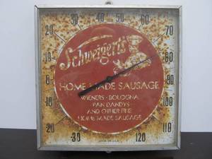 lot 77 image: Old Vintage SCHWEIGERTS Home Made Sausage Advertising Thermometer