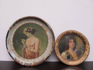 lot 84 image: 2 Antique Early 1900s PRESIDENT SUSPENDERS Advertising Metal Tip Trays