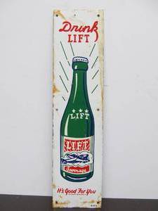 lot 96 image: Vintage 1950s LIFT BEVERAGES Metal Door Push Advertising Sign wAirplane Graphics