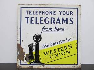 lot 97 image: Old Vintage WESTERN UNION Telegraph Your Telegrams Metal Advertising Sign