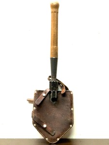lot 125 image: Old Vintage Military Folding Foxhole Shovel wOriginal Leather Cover
