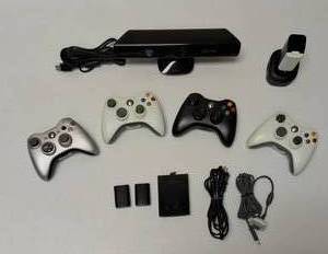 lot 1 image: Microsoft Xbox 360 -  Kinect Sensor without AC Adapter  360 S HARD DRIVE  XBOX 360 QUICK CHARGE KIT  4  REMOTES
