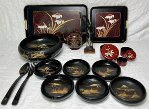 lot 27 image: Vintage Black Lauquer Asian Pagoda Salad Bowl Set, Japanese Tea and Serving Tray, Teapot, Wooden Cranes and Lacquer Stacking Cylinders