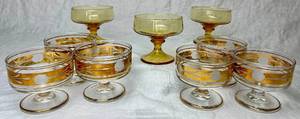 lot 54 image: 6 Bohemian Crystal Flower Etched Gold Banded Sherbet Glasses and 3 Smoke Brown Pedestal Glasses