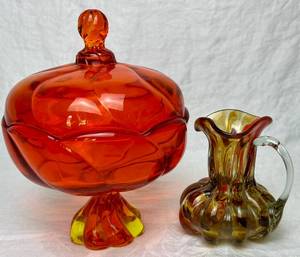 lot 57 image: Viking Epic Persimmon VTG Orange Glass Candy Dish and Hand Blown Glass Pitcher