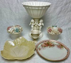 lot 69 image: Porcelain Collection - Candleholders, Plates, Cherub Dish