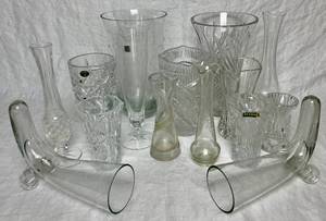 lot 71 image: Crystal and Glass Vase Collection - 15 pieces- Assorted Shapes and Sizes. Two Vintage Horn Vases.