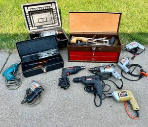 lot 104 image: Tool Box Lot- Tool Boxes, Drills, Saws and Assorted Hand Tools