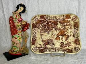 lot 20 image: Vintage Hand Carved Pagoda Temple Platter 14 Tray and Japanese Geisha Doll on Stand 15 H  x 6 W
