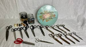 lot 26 image: Vintage Sewing Bundle - Sewing Basket, 17 Scissors, 2 Jars of Button, Needle Holders and More