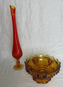 lot 60 image: Vintage Fenton Amber Glass Candle Holder and Stretch Vase