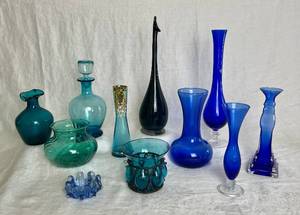 lot 66 image: Shades of Blue Glass Collection - Variety of Vases, Decanter, Candleholder, Trinket Dish