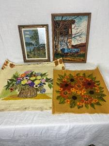 lot 73 image: Vintage Floral Crewel Needlework Art Pieces - 2 Framed and 2 Unframed