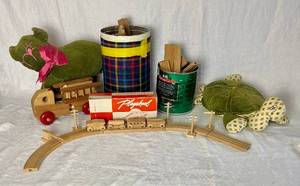 lot 72 image: VTG Toy Lot - Playskool Wooden Train Set &  S992 Straight Track and Crossover Set, Wooden Fire Truck, Corduroy Turtle and Pig