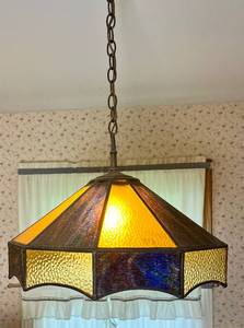 lot 101 image: Stained Glass Hanging Light Fixture in Purple and Gold Iridescent