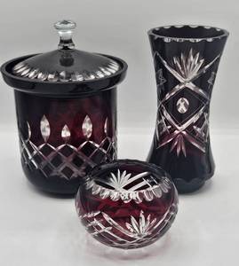 lot 8 image: Bohemian Cut Crystal Vase and Small Bowl Plus Romanian Lidded Jar