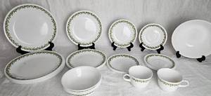 lot 37 image: Assorted Set of Vintage Corelle Spring Blossom Green (Crazy Daisy) Pattern Dishes