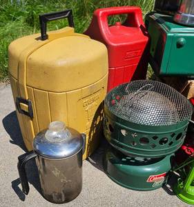 lot 78 image: Vintage Coleman Lanterns, Hawthorne, Kamplite, Feuer Hand Lantern, 3 Camp Stoves, Small Backpack Stove, Heater and Vintage Coffee Pots - some with cases