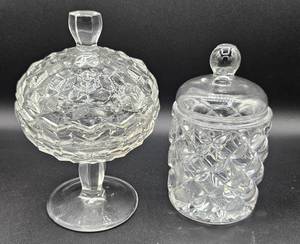 lot 83 image: Uranium Glass - 2 covered dishes (Fostoria 7 H  and Biscuit Jar 6)