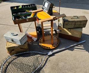 lot 80 image: Vintage Fishing Lot - Tackle Boxes, lures, rod holder, net and much more