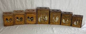 lot 52 image: Vtg Retro Rooster Canister Sets- Mid Century Dovetail Storage Boxes
