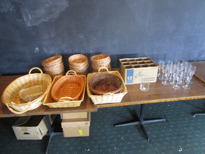 lot 149 image: Wine Glasses, Vases, Misc. Wicker Baskets