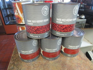 lot 119 image: (3) Cans Tomato Sauce (2) Cans Dark Red Kidney Beans