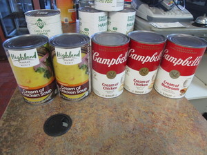 lot 121 image: (4) Cans Cream Of Chicken Soup (1) Can Cream of Mushroom Soup