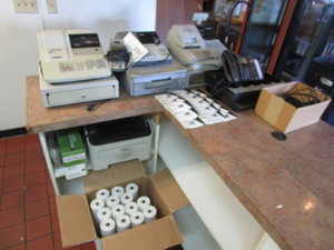 lot 151 image: Cash Registers, (2) Boxes Receipt Paper Rolls, Phone, Credit Card Reader, Fax Machine