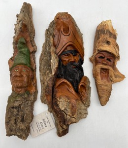 lot 16 image: Signed Hand Carved Wood Tree Spirits including ELMER and LIPPKA