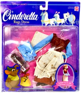 lot 131 image: Vintage DISNEY Classics CINDERELLA Rage Dress, Ballgown, FIARY GODMOTHER & WICKED STEPMOTHER Mask & Costume Playset by MATTEL