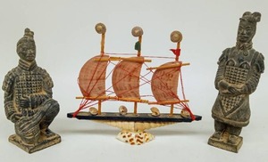 lot 169 image: Pair of Vintage Chinese IMPERIAL SOLDIERS Replica Statues & Handmade Seashell Ship
