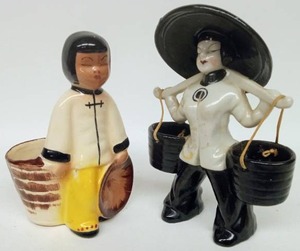 lot 109 image: Vintage Asian Ceramic MCM Novelty Figures WATER HAULER & Royal Copley PLANTER