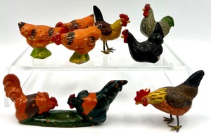 lot 282 image: Vintage Composition Chicken and Rooster Farm Figurines - Qty 8