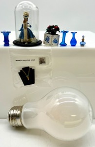 lot 322 image: Vintage Artisan Dollhouse Miniature - Vases, Figurine Under Cloche and Necklace on Bust by MIDWEST MINIATURE QUILD in Packaging